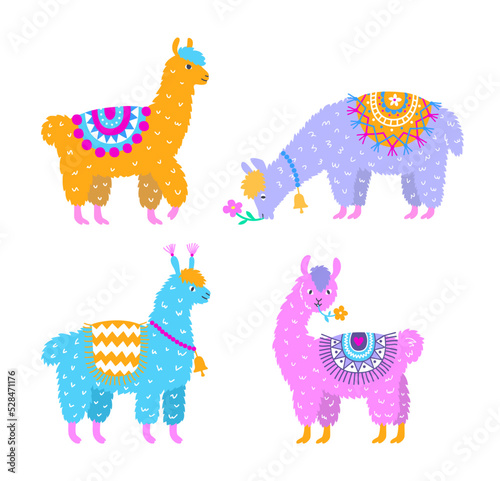 Hand-drawn colourful alpaca vector illustration set.