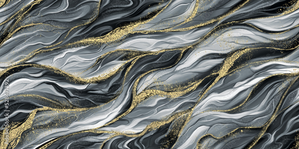 Naklejka premium Luxury wallpaper, premium mural art. Alcohol ink pattern, seamless texture, black-white background, golden glitter. Wall design, packaging, textile, fabric printing, paper, pictures, home decor, cloth