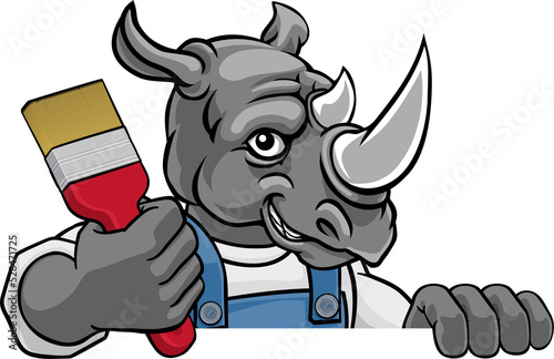 A rhino painter decorator cartoon animal mascot holding a paintbrush peeking around a sign