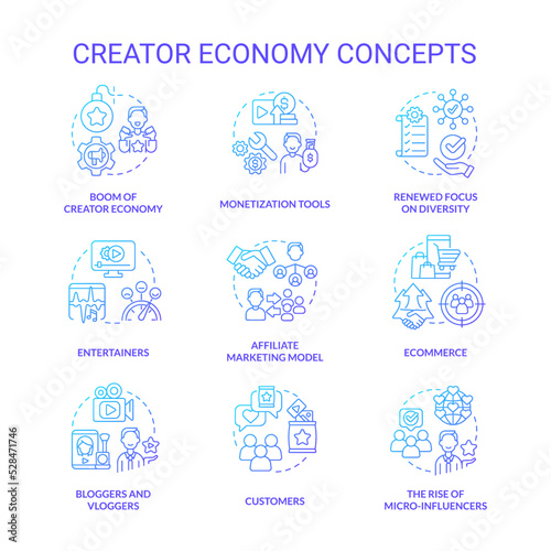 Creator economy blue gradient concept icons set. Content maker. Digital marketing. E commerce idea thin line color illustrations. Isolated symbols. Roboto-Medium, Myriad Pro-Bold fonts used