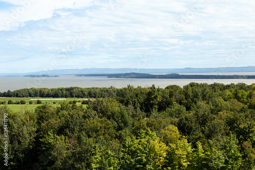 Aerial view from the east end of the Island of Orleans, with a series of small islands in the St. Lawrence River, Quebec, Canada