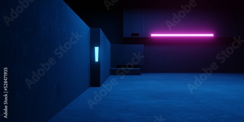 Fototapeta Naklejka Na Ścianę i Meble -  3d rendering of spaceship corridor neon glowing blue purple background futuristic. Cyberpunk concept. Scene for advertising, showroom, technology, future, modern, sport, metaverse. Sci Fi Illustration
