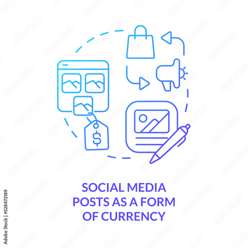 Social media posts as form of currency blue gradient concept icon. Exchange. Social media trend abstract idea thin line illustration. Isolated outline drawing. Myriad Pro-Bold font used Social media posts as form of currency blue gradient concept icon. Exchange. Social media trend abstract idea thin line illustration. Isolated outline drawing. Myriad Pro-Bold font used