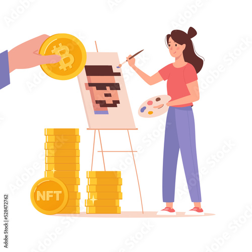 Girl artist draws pixel art pictures and sells non-fungible tokens for cryptocurrency. Buying a work of art online with bitcoins. Modern flat style vector illustration isolated on white background.