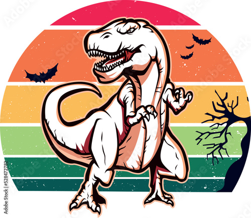 Vintage Halloween Dinosaur, with Halloween elements, Tree, Bat