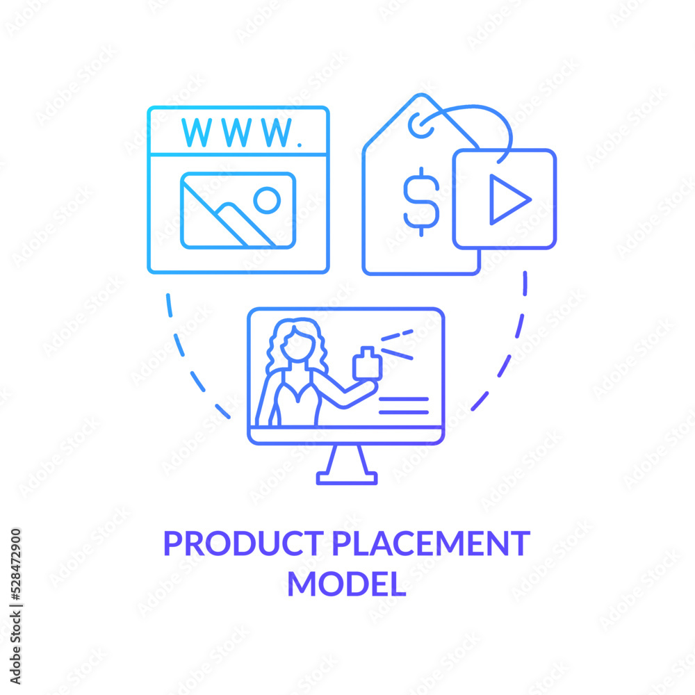 Product placement model blue gradient concept icon. Online brand mention. Creator business model abstract idea thin line illustration. Isolated outline drawing. Myriad Pro-Bold font used Product placement model blue gradient concept icon. Online brand mention. Creator business model abstract idea thin line illustration. Isolated outline drawing. Myriad Pro-Bold font used