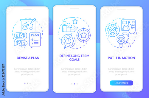Planning blue gradient onboarding mobile app screen. Business strategy walkthrough 3 steps graphic instructions with linear concepts. UI, UX, GUI template. Myriad Pro-Bold, Regular fonts used