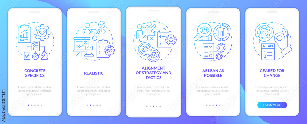 Key elements of business plan blue gradient onboarding mobile app screen. Walkthrough 5 steps graphic instructions with linear concepts. UI, UX, GUI template. Myriad Pro-Bold, Regular fonts used