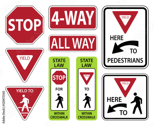 Traffic road sign all way,4-way,stop here to pedestrians warning
