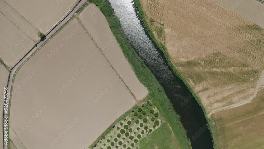 Aerial view, top view of fields and river background texture agriculture land of farming Aerial view, top view of fields and river background texture agriculture land of farming