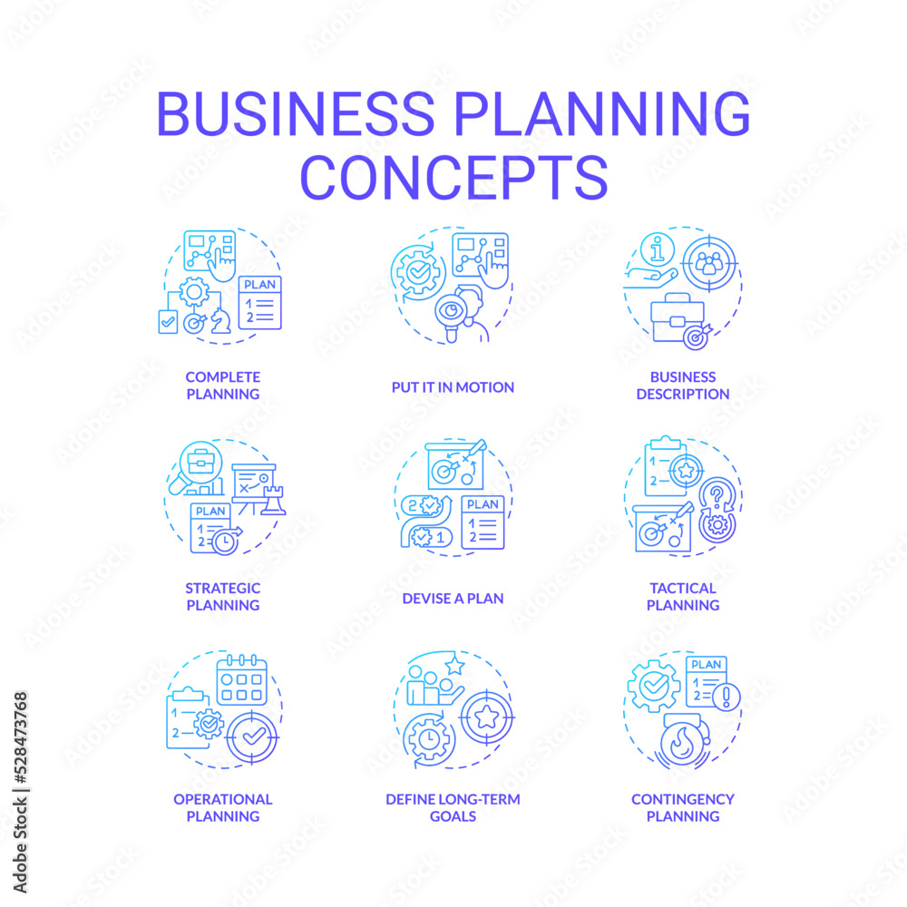 Business planning blue gradient concept icons set. Building development strategy. Management idea thin line color illustrations. Isolated symbols. Roboto-Medium, Myriad Pro-Bold fonts used