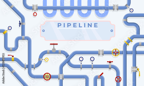 Industrial background for websites, banners. Pipelines with valves, taps, fittings. Oil and gas concept. Landing page. Plumbing template. Flat vector illustration