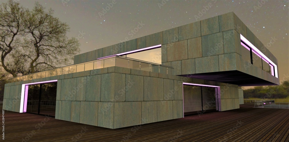 Fototapeta premium Night lighting of a stone building with a purple LED strip. It gives the impression of a mixture of medieval architecture and modern lighting technologies. 3d render.