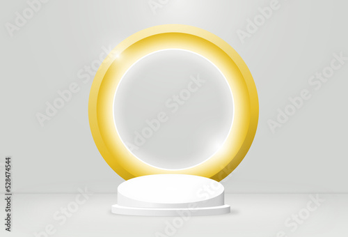 3D render minimal luxury white, Gold Cylinder circle podium in white background. concept display showcase, product, poster, presentation, cosmetic, for banner, poster, and wallpaper.