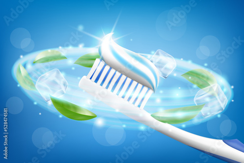 Toothpaste ads, refreshing mint. Toothpaste on toothbrush, mint leaves and ice cube. Drawn elements, realistic 3d vector illustration, cosmetics product, blur, blue background,sparkling effect