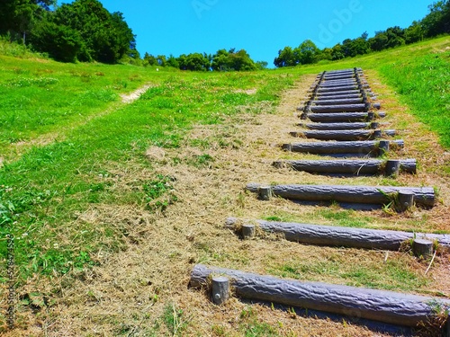 和歌山県海南市のわんぱく公園の芝滑り用の丘と階段と快晴の青空が美しい日本の夏の自然風景（コピースペースあり）