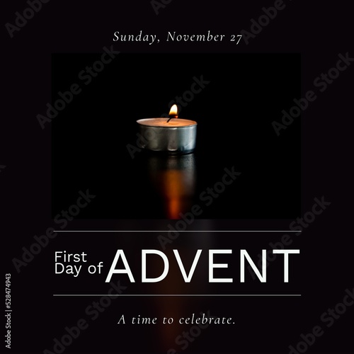 Composition of first day of advent text with candle on black background