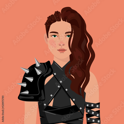 Beautiful woman dressed as medieval knight in decorated suit of armor, cartoon vector illustration isolated on background. portrait of woman knight in armor holding big sword