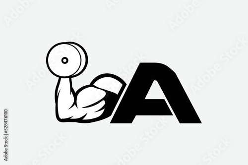 strong arm and dumbbell, simple icon vector of Gym logo, fitness logo, bodybuilder icon with white backgroud, letter A