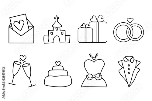 Doodle wedding icon set. Hand drawn sketch. Outline symbols wedding and celebration vector illustrations.