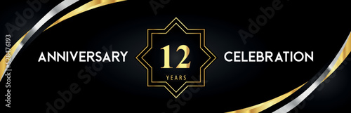12th anniversary celebration with gold star frames and creative silver shapes on black background. Premium design for the ceremony, jubilee, birthday party, greeting card, wedding, and banner.