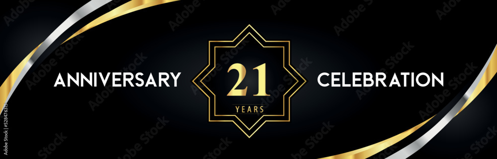 21th anniversary celebration with gold star frames and creative silver shapes on black background. Premium design for the ceremony, jubilee, birthday party, greeting card, wedding, and banner. 21th anniversary celebration with gold star frames and creative silver shapes on black background. Premium design for the ceremony, jubilee, birthday party, greeting card, wedding, and banner.
