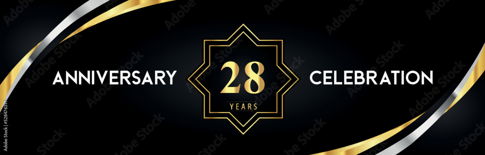 28th anniversary celebration with gold star frames and creative silver shapes on black background. Premium design for the ceremony, jubilee, birthday party, greeting card, wedding, and banner. 28th anniversary celebration with gold star frames and creative silver shapes on black background. Premium design for the ceremony, jubilee, birthday party, greeting card, wedding, and banner.