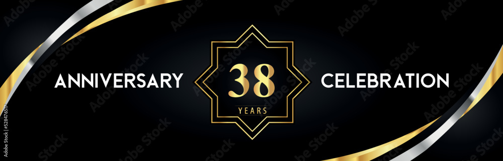 38th anniversary celebration with gold star frames and creative silver shapes on black background. Premium design for the ceremony, jubilee, birthday party, greeting card, wedding, and banner. 38th anniversary celebration with gold star frames and creative silver shapes on black background. Premium design for the ceremony, jubilee, birthday party, greeting card, wedding, and banner.
