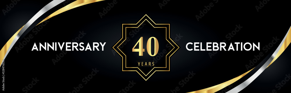 40th anniversary celebration with gold star frames and creative silver shapes on black background. Premium design for the ceremony, jubilee, birthday party, greeting card, wedding, and banner. 40th anniversary celebration with gold star frames and creative silver shapes on black background. Premium design for the ceremony, jubilee, birthday party, greeting card, wedding, and banner.