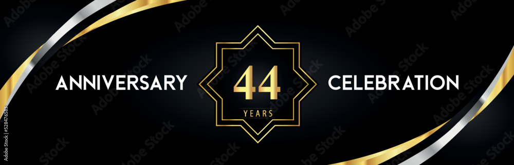 44th anniversary celebration with gold star frames and creative silver shapes on black background. Premium design for the ceremony, jubilee, birthday party, greeting card, wedding, and banner. 44th anniversary celebration with gold star frames and creative silver shapes on black background. Premium design for the ceremony, jubilee, birthday party, greeting card, wedding, and banner.