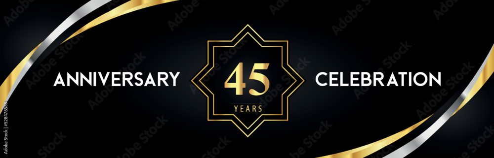 45th anniversary celebration with gold star frames and creative silver shapes on black background. Premium design for the ceremony, jubilee, birthday party, greeting card, wedding, and banner. 45th anniversary celebration with gold star frames and creative silver shapes on black background. Premium design for the ceremony, jubilee, birthday party, greeting card, wedding, and banner.