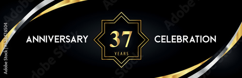 37th anniversary celebration with gold star frames and creative silver shapes on black background. Premium design for the ceremony, jubilee, birthday party, greeting card, wedding, and banner.