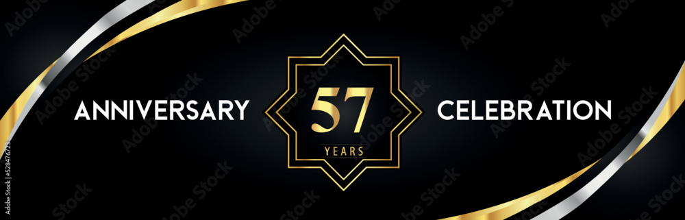 57th anniversary celebration with gold star frames and creative silver shapes on black background. Premium design for the ceremony, jubilee, birthday party, greeting card, wedding, and banner. 57th anniversary celebration with gold star frames and creative silver shapes on black background. Premium design for the ceremony, jubilee, birthday party, greeting card, wedding, and banner.