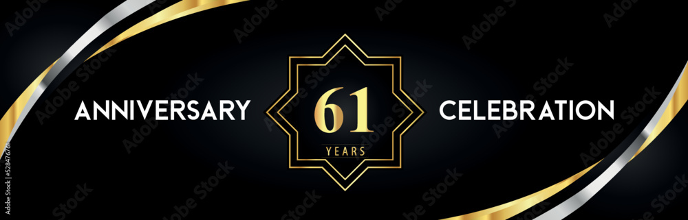 61th anniversary celebration with gold star frames and creative silver shapes on black background. Premium design for the ceremony, jubilee, birthday party, greeting card, wedding, and banner. 61th anniversary celebration with gold star frames and creative silver shapes on black background. Premium design for the ceremony, jubilee, birthday party, greeting card, wedding, and banner.