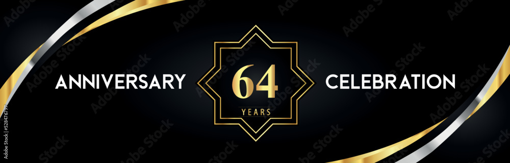 64th anniversary celebration with gold star frames and creative silver shapes on black background. Premium design for the ceremony, jubilee, birthday party, greeting card, wedding, and banner. 64th anniversary celebration with gold star frames and creative silver shapes on black background. Premium design for the ceremony, jubilee, birthday party, greeting card, wedding, and banner.