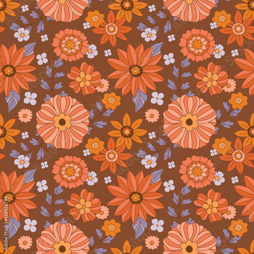 70s flowers seamless pattern. Groovy daisi flower. Hippie aesthetics, vintage style, fall colors. Sunflowers and dahlias with purple foliage. Retro textile design, vector illustration. Boho chic.