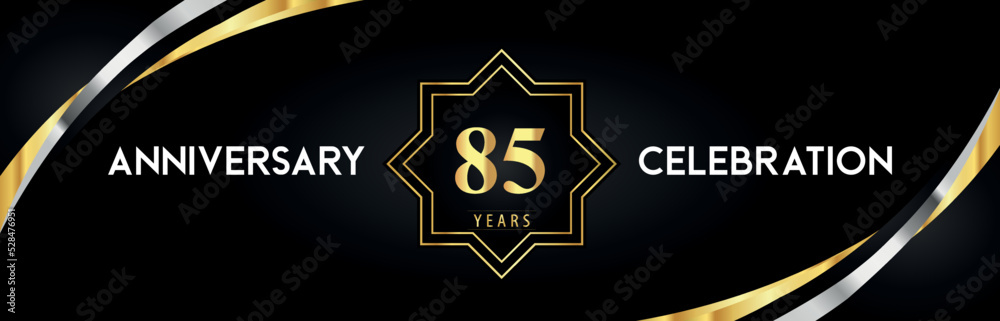 85th anniversary celebration with gold star frames and creative silver shapes on black background. Premium design for the ceremony, jubilee, birthday party, greeting card, wedding, and banner. 85th anniversary celebration with gold star frames and creative silver shapes on black background. Premium design for the ceremony, jubilee, birthday party, greeting card, wedding, and banner.