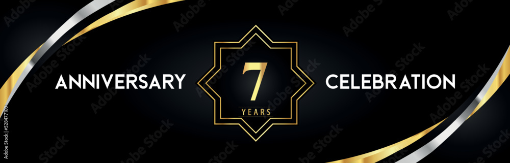 7th anniversary celebration with gold star frames and creative silver shapes on black background. Premium design for the ceremony, jubilee, birthday party, greeting card, wedding, and banner. 7th anniversary celebration with gold star frames and creative silver shapes on black background. Premium design for the ceremony, jubilee, birthday party, greeting card, wedding, and banner.