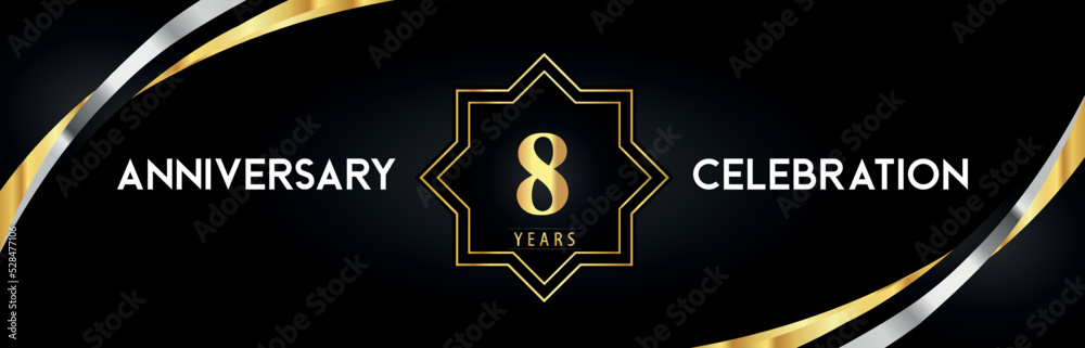 8th anniversary celebration with gold star frames and creative silver shapes on black background. Premium design for the ceremony, jubilee, birthday party, greeting card, wedding, and banner. 8th anniversary celebration with gold star frames and creative silver shapes on black background. Premium design for the ceremony, jubilee, birthday party, greeting card, wedding, and banner.