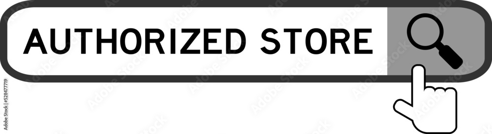 Search banner in word authorized store with hand over magnifier icon on white background Search banner in word authorized store with hand over magnifier icon on white background