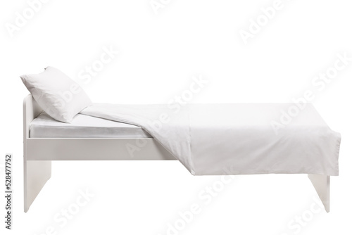 Studio side shot of a white single bed photo