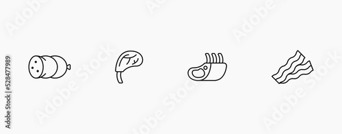 Meat vector icon set. Sassage, meat tenderloin, ribs, and bacon black line vector icon set
