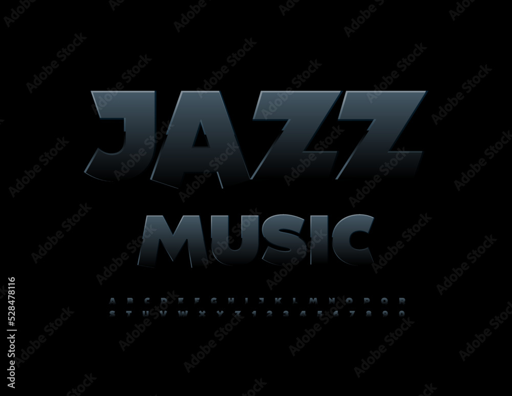 Vector creative banner Jazz Music. Modern Glossy Font. Black Stylish Alphabet Letters and Numbers Vector creative banner Jazz Music. Modern Glossy Font. Black Stylish Alphabet Letters and Numbers