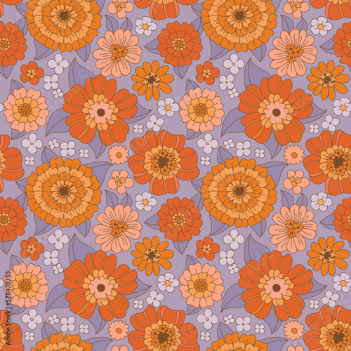 70s flowers seamless pattern. Groovy daisi flower. Hippie aesthetics, vintage style, fall colors. Sunflowers and dahlias with purple foliage. Retro textile design, vector illustration. Boho chic.