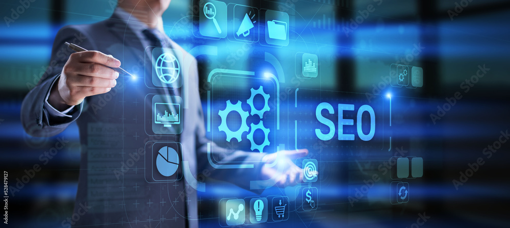 Fototapeta premium SEO Search engine optimisation online digital internet marketing concept on virtual screen.
