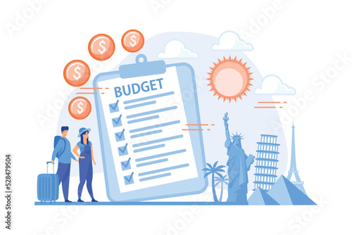 Couple planning honeymoon holiday, choosing trip destination flat characters. Vacation fund, summer spending plan, vacation budget plan concept.flat vector modern illustration
