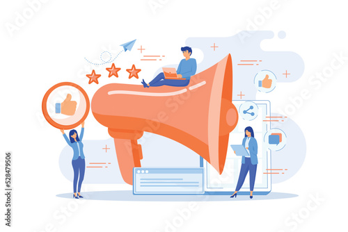 Users with like and share icons and megaphone. Like comment share giveaway, social networks promotion, like farming concept on white background.flat vector modern illustration