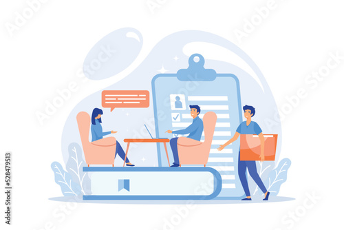 HR specialist having an interview with job applicant and candiadates waiting. Job interview, employment process, choosing a candidate concept.flat vector modern illustration
