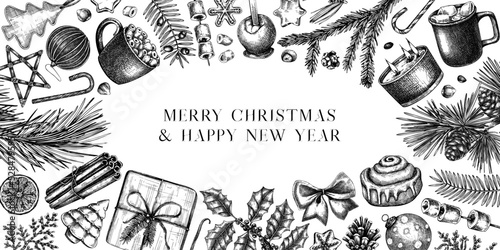 Vintage Christmas background. Popular holiday banner with winter decor, hot drinks, traditional sweets, and winter plants. Christmas decoration, greeting card or invitation design
