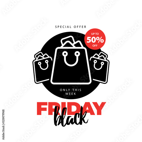 Advertising banner with a big black inscription black friday, three black shopping baskets on the black circle on a white background